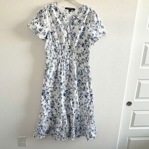 French Connection Floral Print Midi Dress Blue White Cottagecore Casual